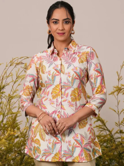 Cream Printed Silk Blend A-Line Kurti