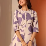 Off White Printed Cotton Straight Short Kurti