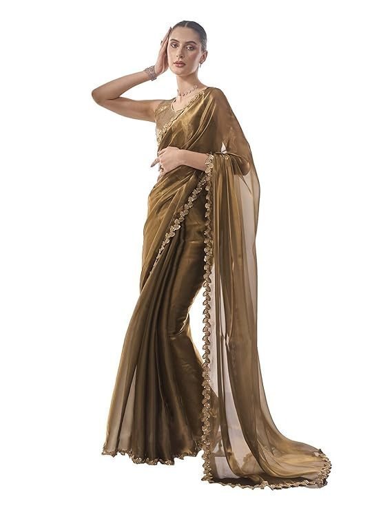 612Ph6rBy1L._SY741_.jpg Women's Organza Lightweight Lace Work Saree With Art Silk Sequence Work Golden Unstitched Blouse Piece - Image 1